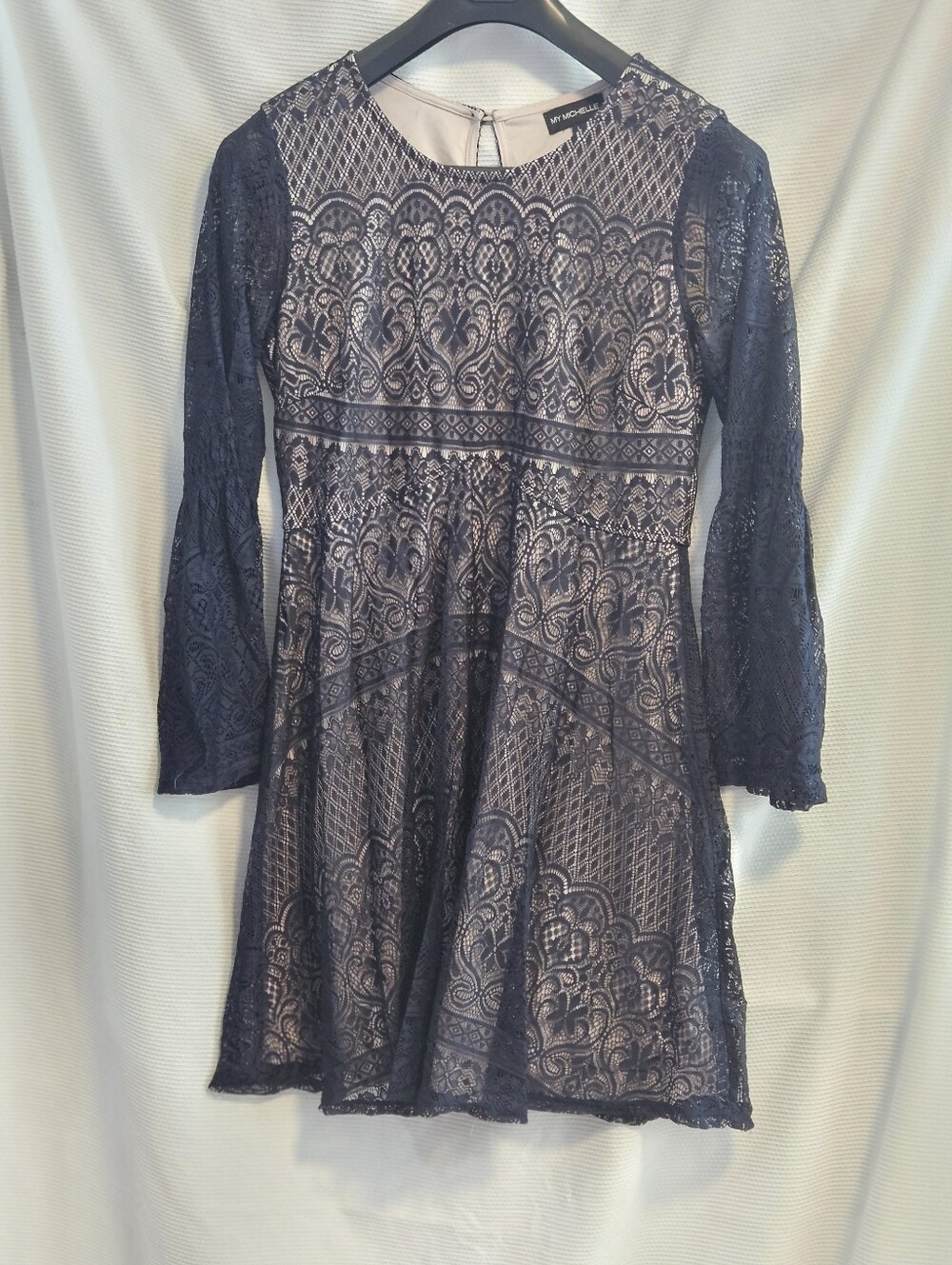 MY MICHELLE Dress Size L Navy Blue Lace Bell Sleeve Fit & Flare Nude Lined Mini